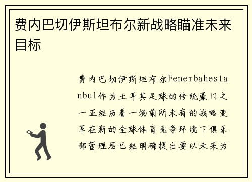 费内巴切伊斯坦布尔新战略瞄准未来目标