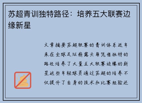 苏超青训独特路径：培养五大联赛边缘新星